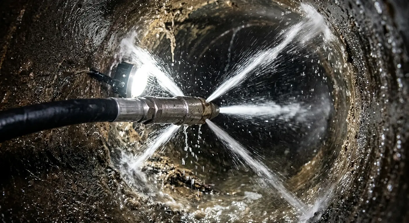High-pressure hydro jetting nozzle cleaning sewer pipe for Emergency Drain Service in Burlington