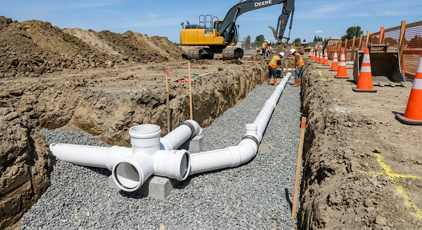 New PVC sewer pipe installation in open trench for Commercial Drain Cleaning in Burlington