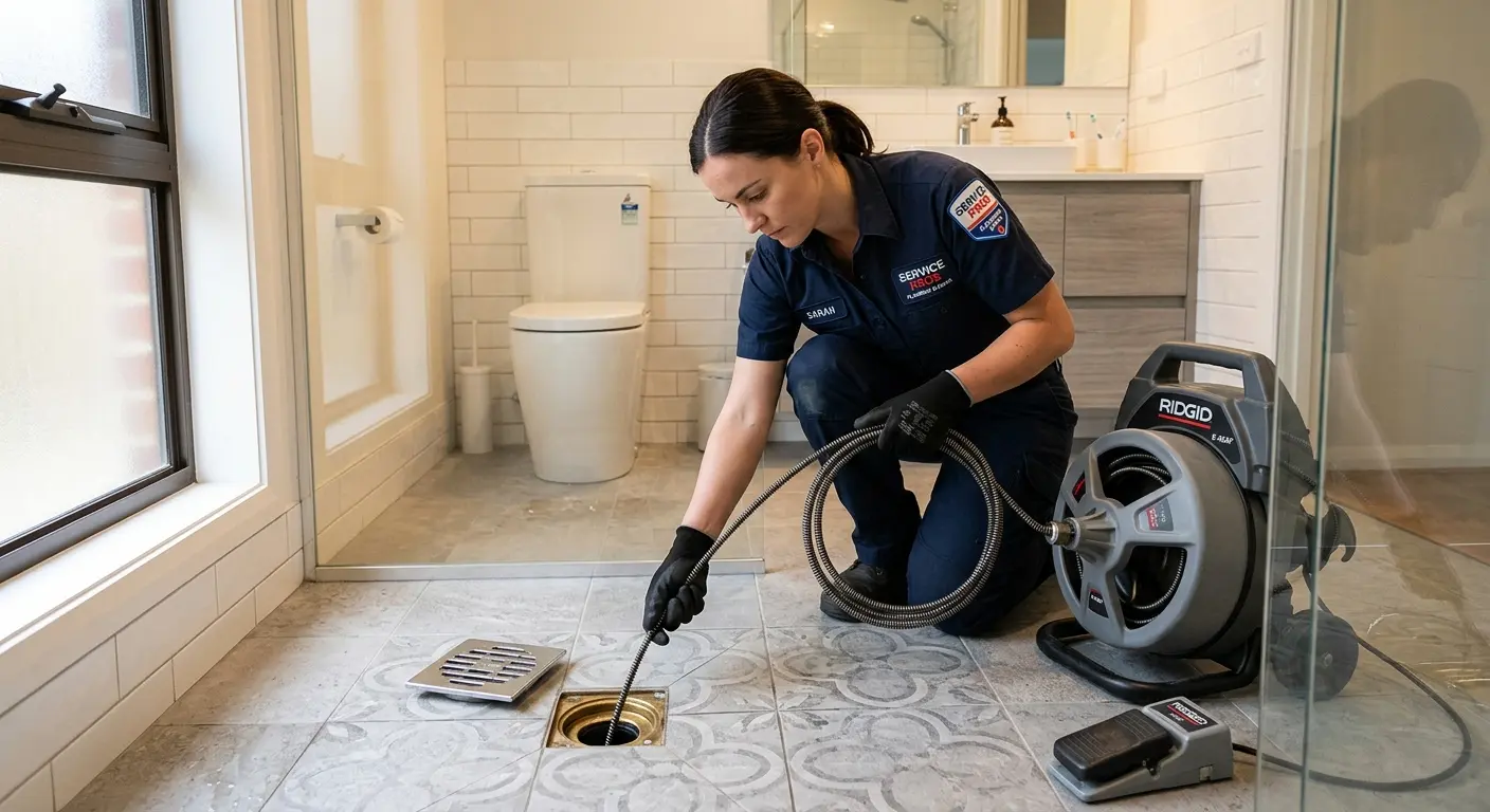 Technician clearing a bathroom floor drain for Drain Repair in Burlington
